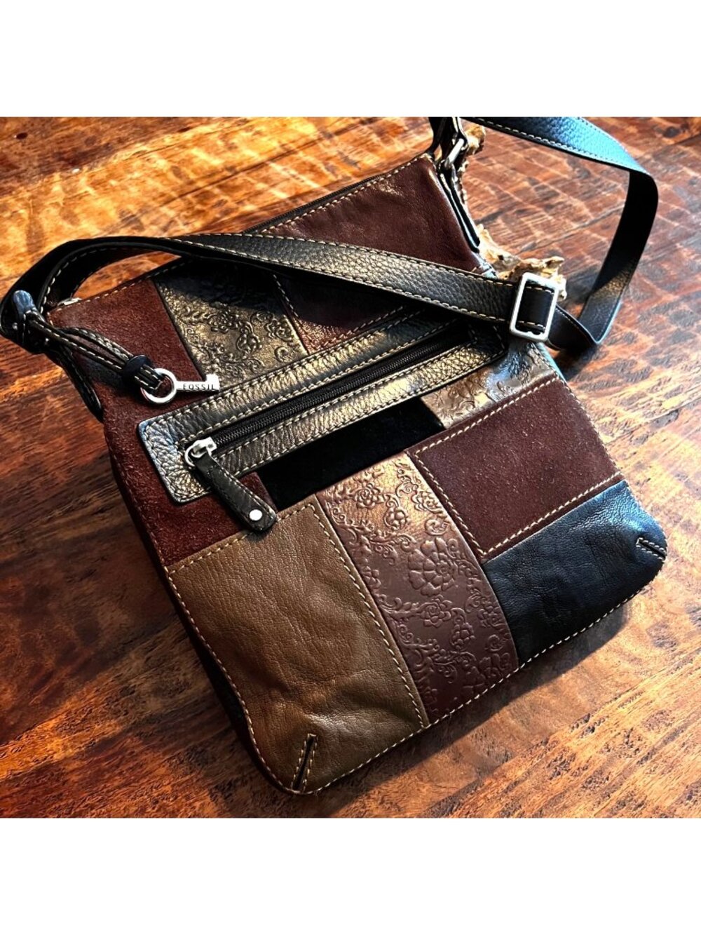 Fossil Patchwork Leather Crossbody Bag With Adjustable Strap